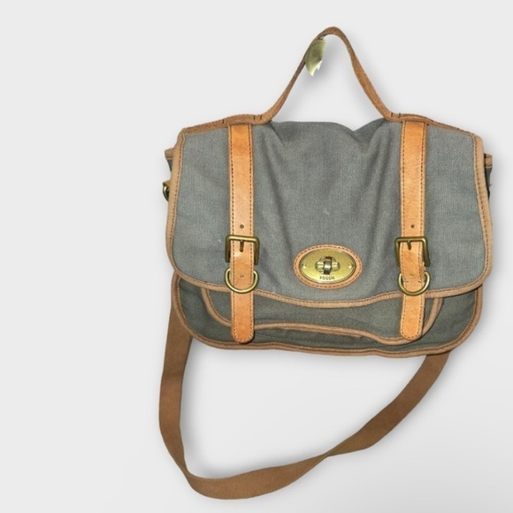 Fossil Canvas Leather Flap Closure Pocket Adjustable Strap Messenger Bag - Picture 1 of 12